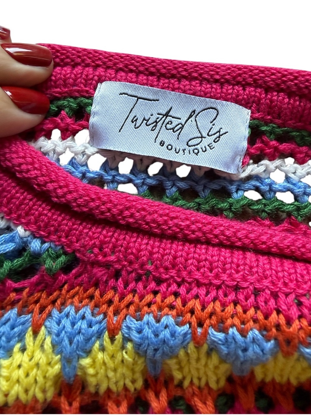 Crochet Knit Bell-Sleeve Sweater - Pink Chevron & Rainbow - Oversized - Picture 10 of 10